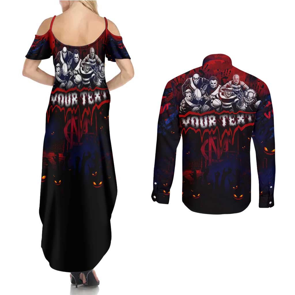 Step Into Horror Domain Demons Football Couples Matching Summer Maxi Dress and Long Sleeve Button Shirt Halloween Horror Movie Characters - Aussie Hoodie