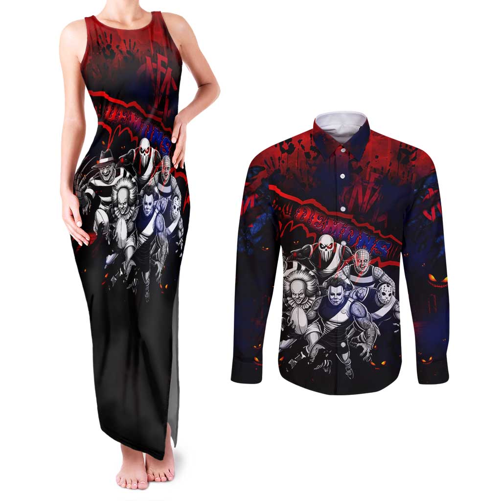 Step Into Horror Domain Demons Football Couples Matching Tank Maxi Dress and Long Sleeve Button Shirt Halloween Horror Movie Characters - Aussie Hoodie