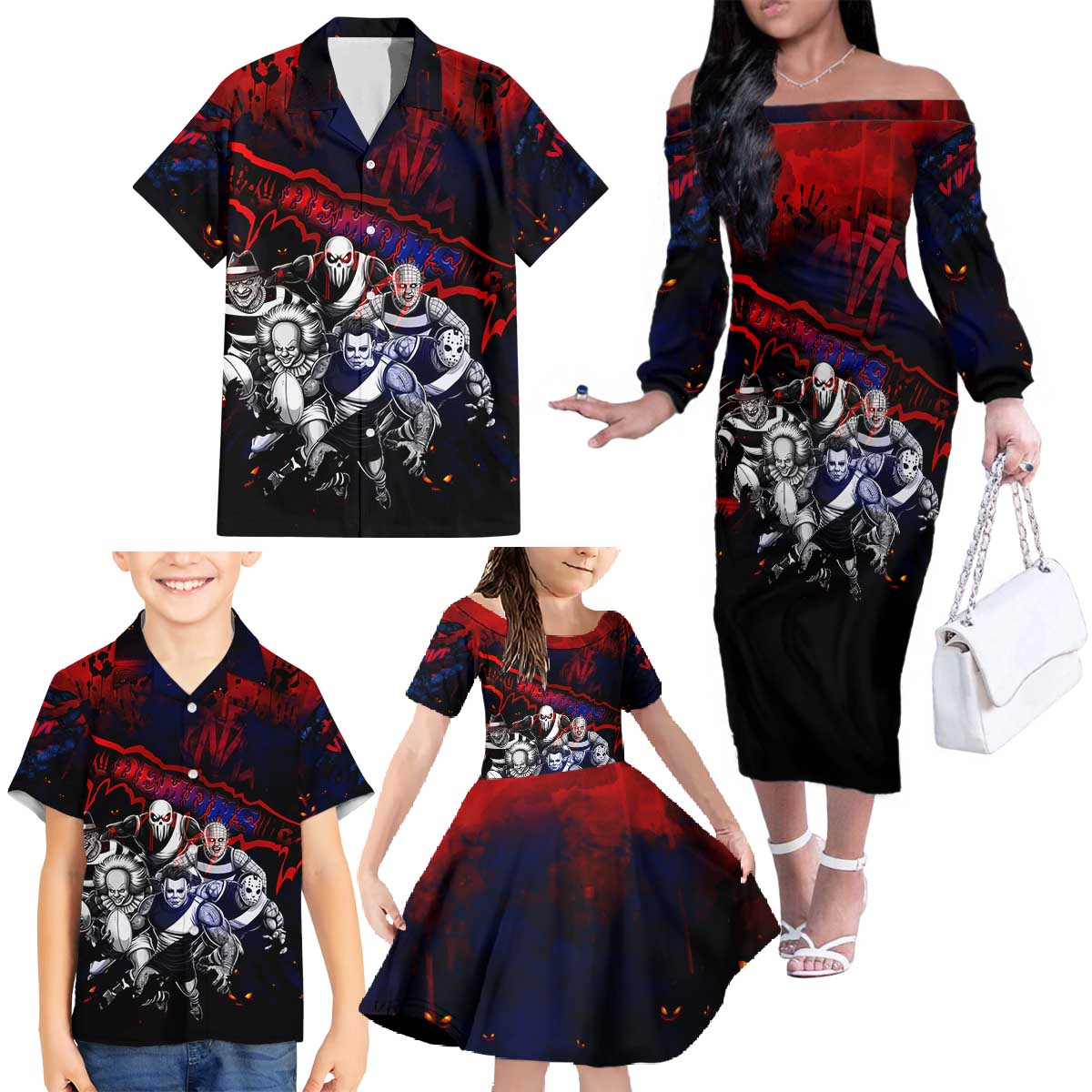 Step Into Horror Domain Demons Football Family Matching Off The Shoulder Long Sleeve Dress and Hawaiian Shirt Halloween Horror Movie Characters - Aussie Hoodie