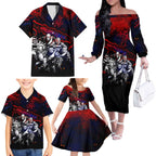 Step Into Horror Domain Demons Football Family Matching Off The Shoulder Long Sleeve Dress and Hawaiian Shirt Halloween Horror Movie Characters - Aussie Hoodie