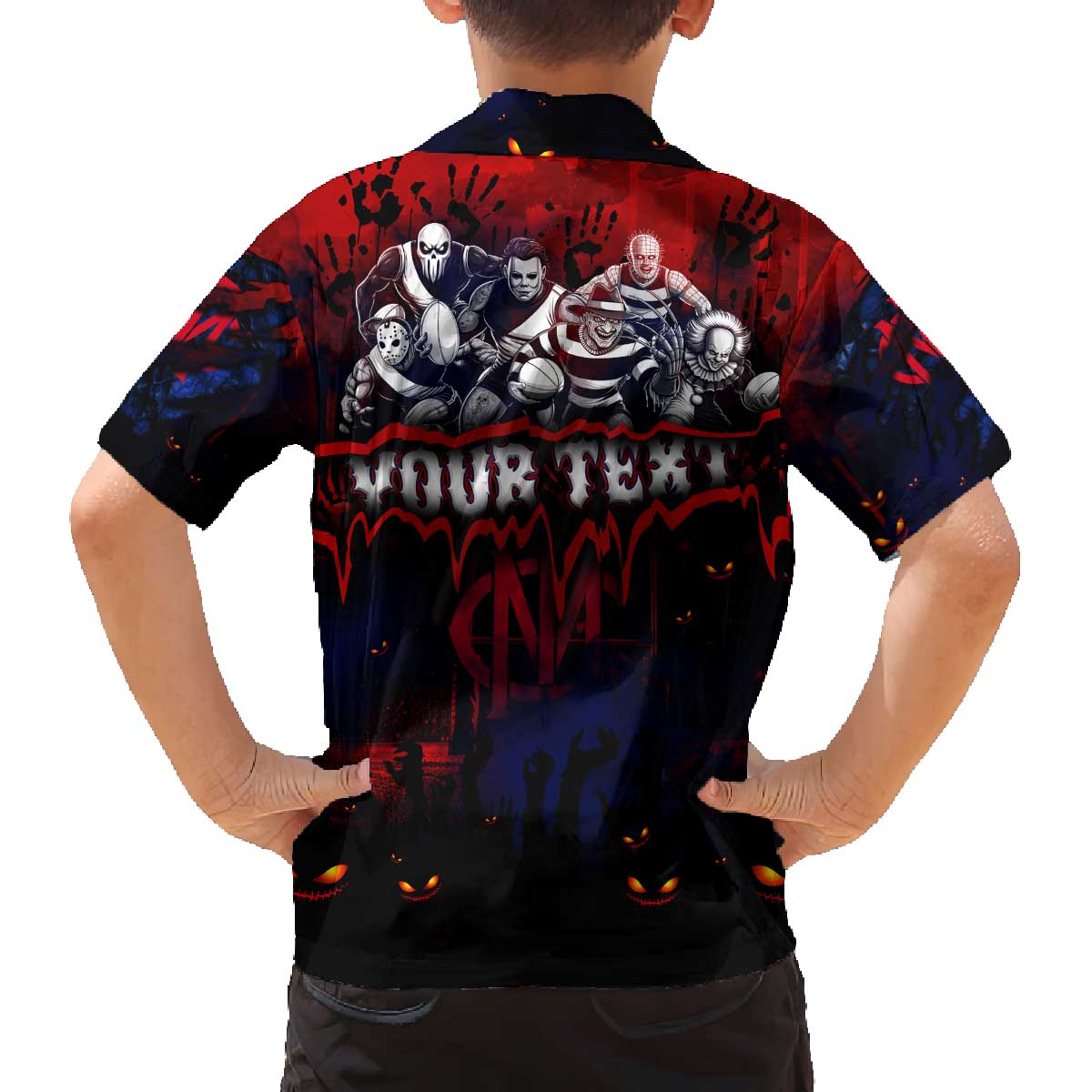 Step Into Horror Domain Demons Football Family Matching Off The Shoulder Long Sleeve Dress and Hawaiian Shirt Halloween Horror Movie Characters - Aussie Hoodie