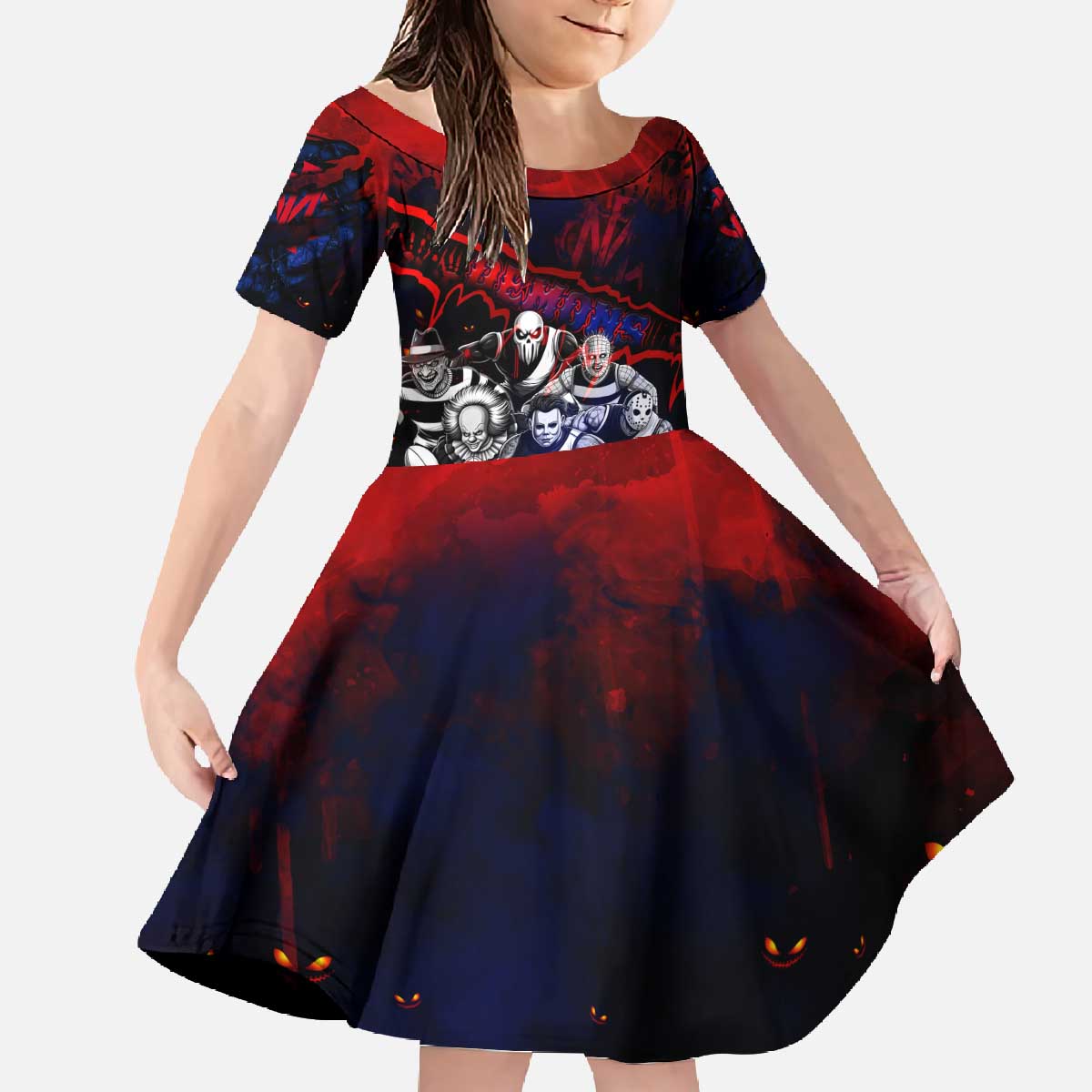 Step Into Horror Domain Demons Football Family Matching Off The Shoulder Long Sleeve Dress and Hawaiian Shirt Halloween Horror Movie Characters - Aussie Hoodie