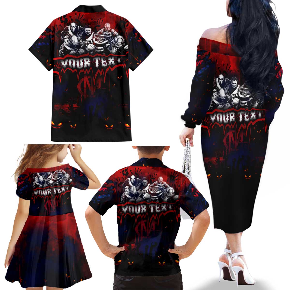 Step Into Horror Domain Demons Football Family Matching Off The Shoulder Long Sleeve Dress and Hawaiian Shirt Halloween Horror Movie Characters - Aussie Hoodie
