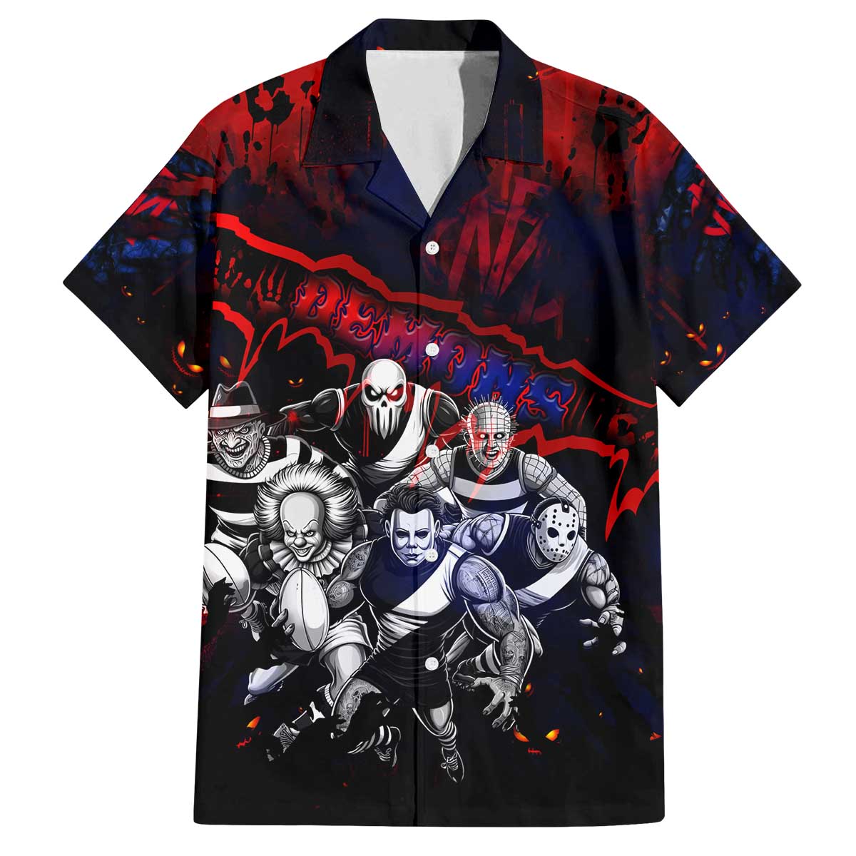 Step Into Horror Domain Demons Football Family Matching Off The Shoulder Long Sleeve Dress and Hawaiian Shirt Halloween Horror Movie Characters - Aussie Hoodie