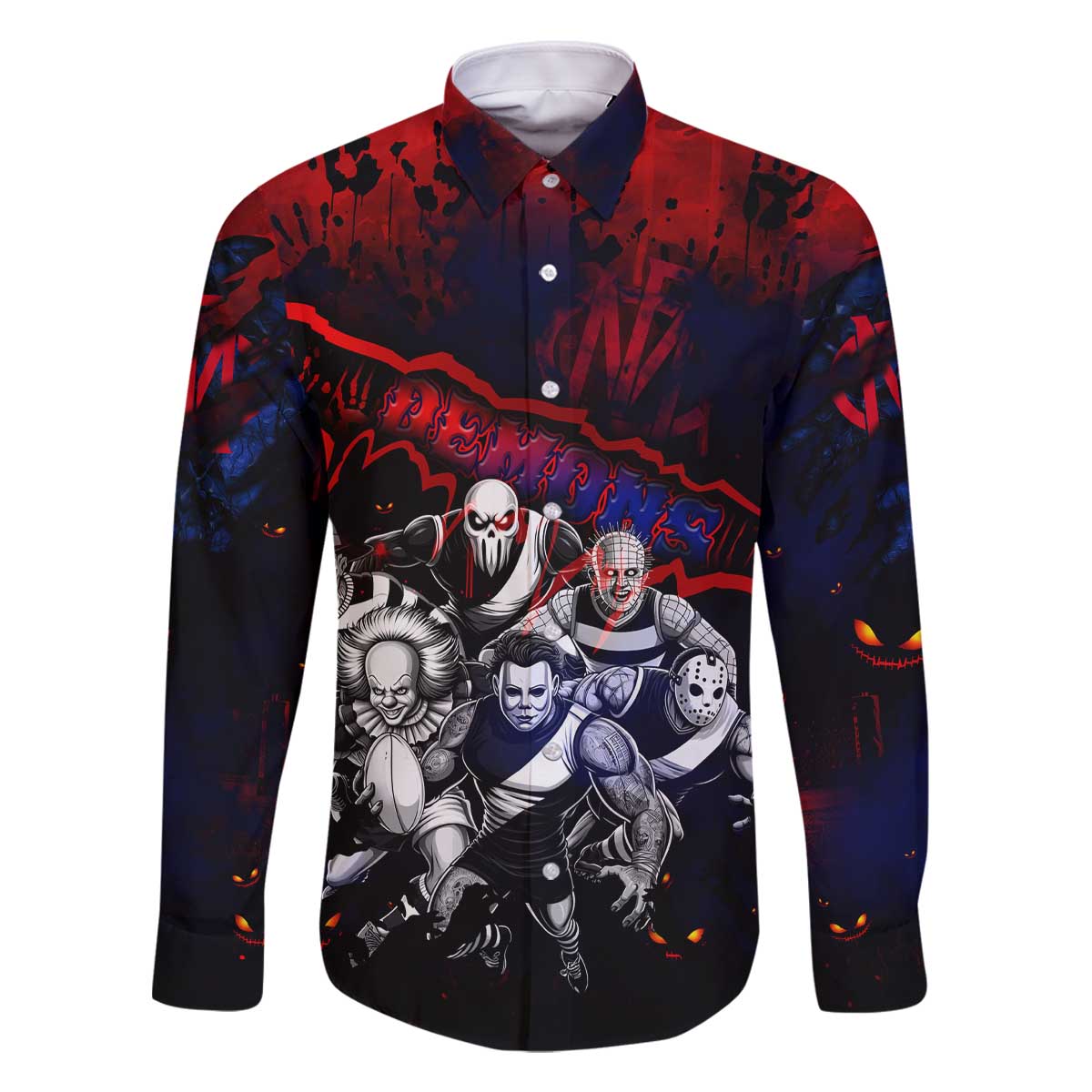 Step Into Horror Domain Demons Football Family Matching Off The Shoulder Long Sleeve Dress and Hawaiian Shirt Halloween Horror Movie Characters - Aussie Hoodie