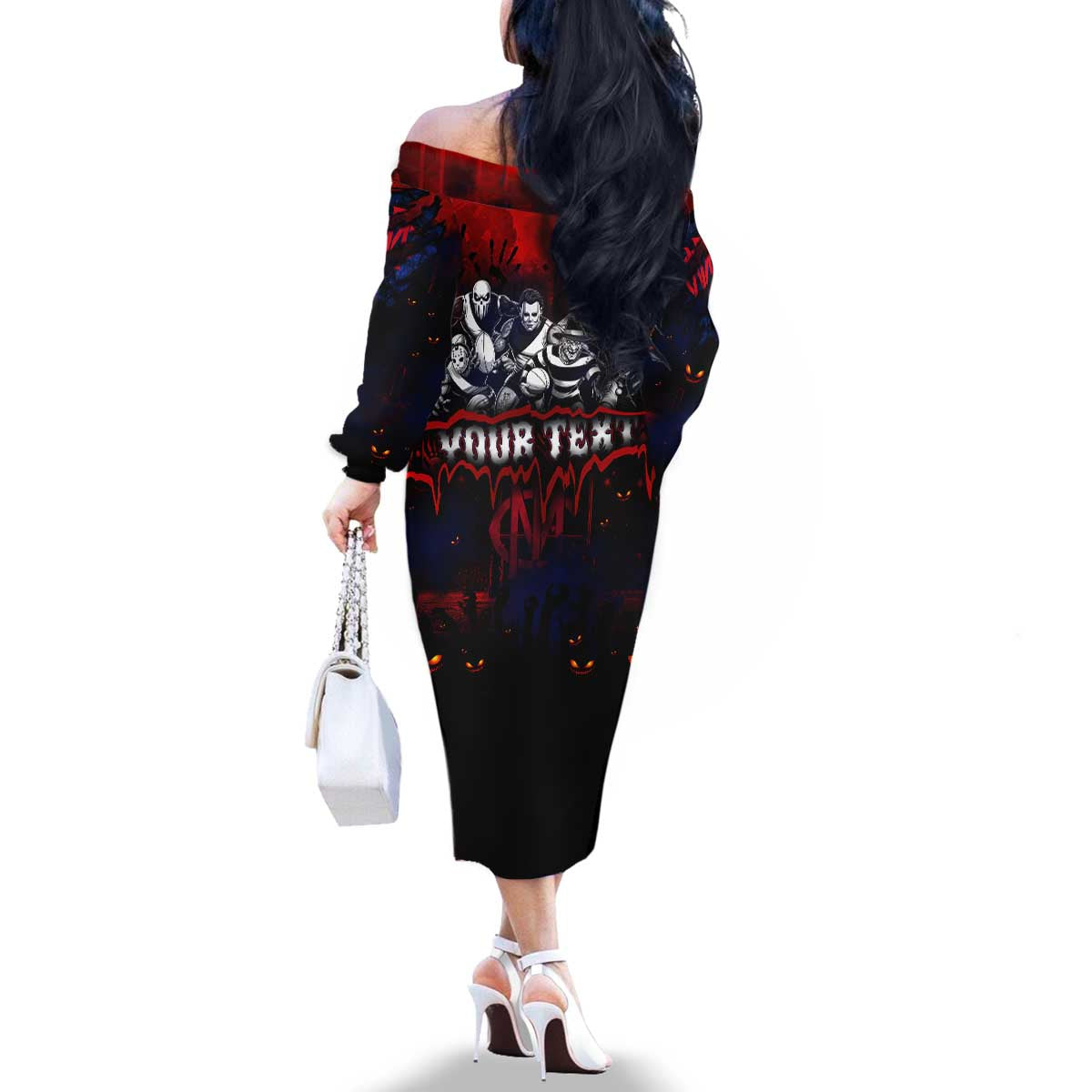 Step Into Horror Domain Demons Football Family Matching Off The Shoulder Long Sleeve Dress and Hawaiian Shirt Halloween Horror Movie Characters - Aussie Hoodie