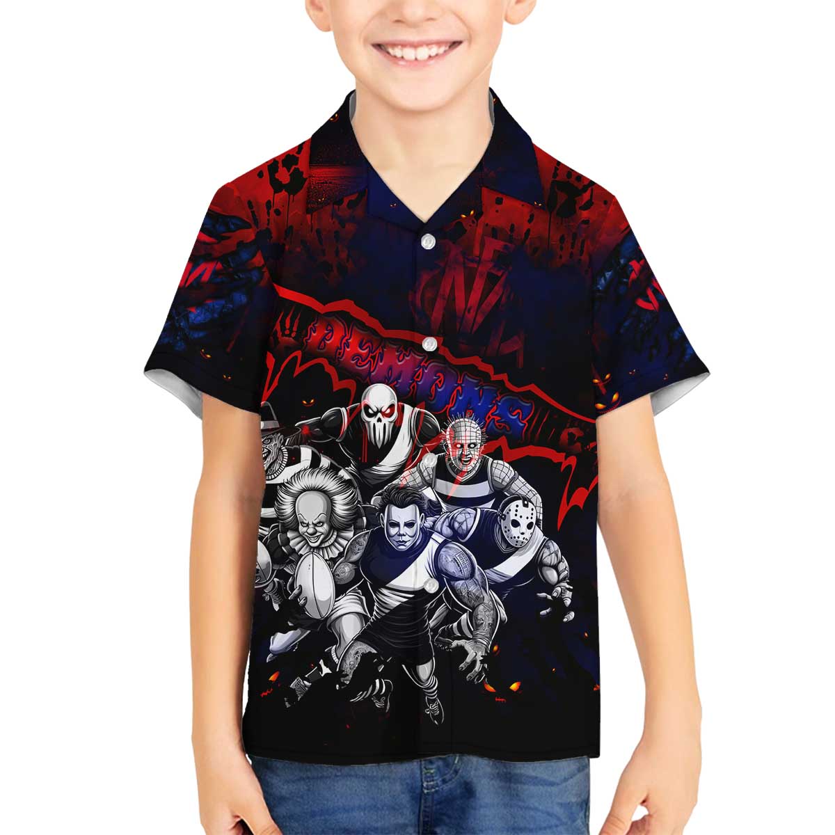 Step Into Horror Domain Demons Football Family Matching Off The Shoulder Long Sleeve Dress and Hawaiian Shirt Halloween Horror Movie Characters - Aussie Hoodie