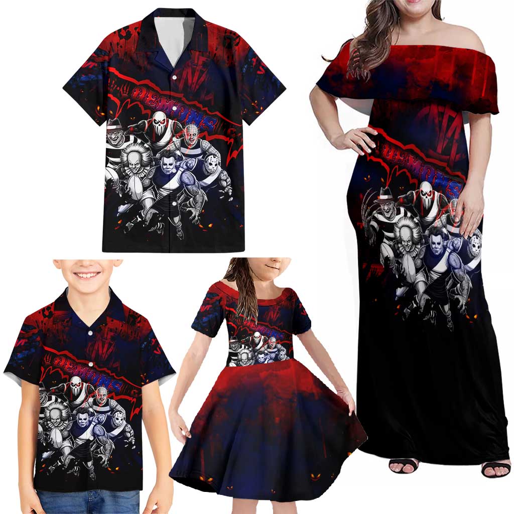 Step Into Horror Domain Demons Football Family Matching Off Shoulder Maxi Dress and Hawaiian Shirt Halloween Horror Movie Characters - Aussie Hoodie