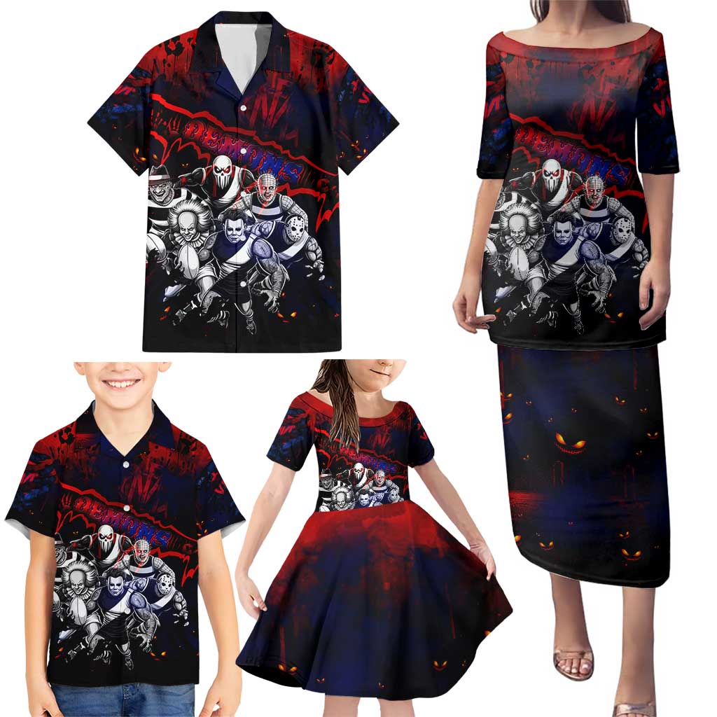 Step Into Horror Domain Demons Football Family Matching Puletasi and Hawaiian Shirt Halloween Horror Movie Characters - Aussie Hoodie