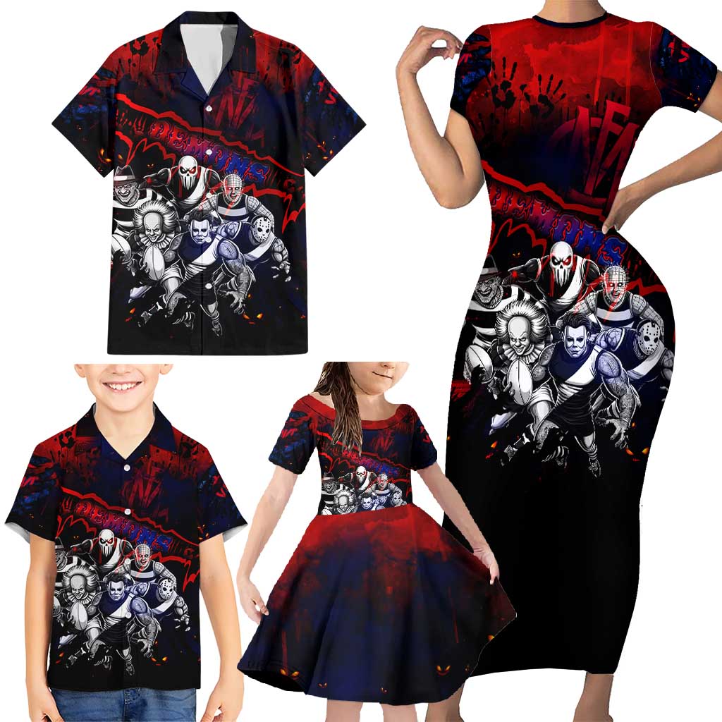 Step Into Horror Domain Demons Football Family Matching Short Sleeve Bodycon Dress and Hawaiian Shirt Halloween Horror Movie Characters - Aussie Hoodie