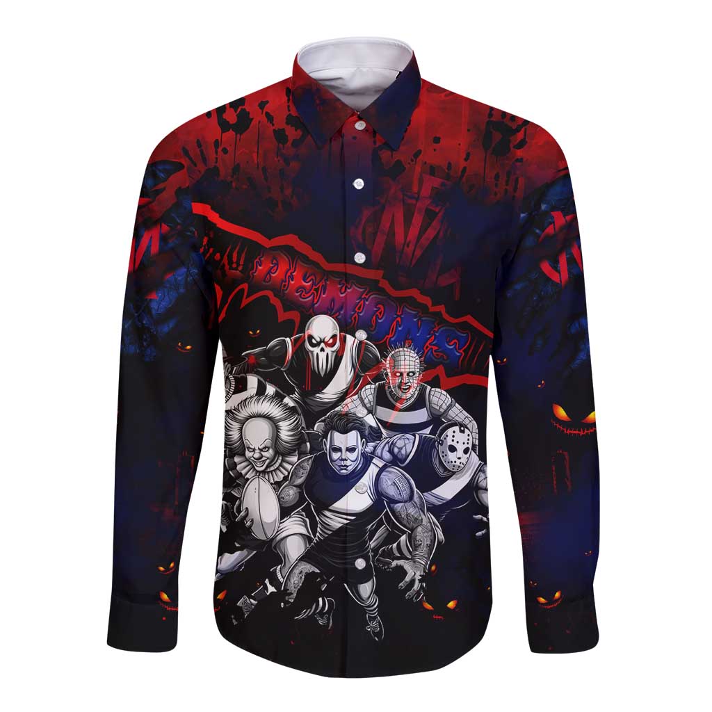 Step Into Horror Domain Demons Football Long Sleeve Button Shirt Halloween Horror Movie Characters - Aussie Hoodie