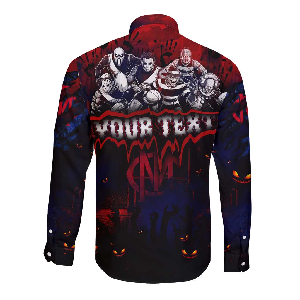Step Into Horror Domain Demons Football Long Sleeve Button Shirt Halloween Horror Movie Characters - Aussie Hoodie