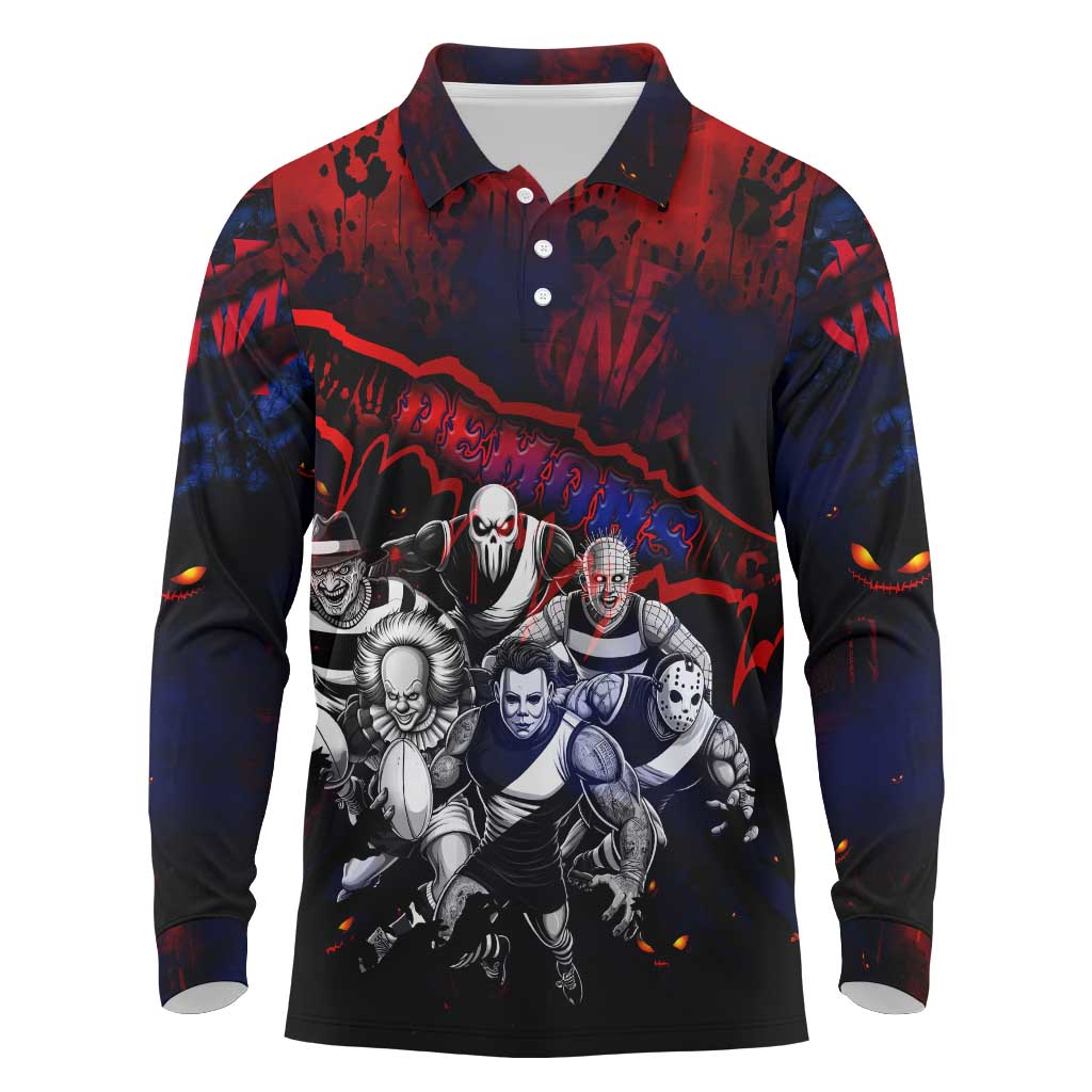 Step Into Horror Domain Demons Football Long Sleeve Polo Shirt Halloween Horror Movie Characters - Aussie Hoodie