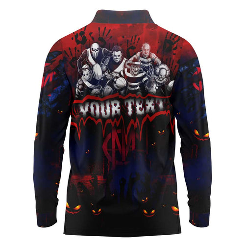 Step Into Horror Domain Demons Football Long Sleeve Polo Shirt Halloween Horror Movie Characters - Aussie Hoodie