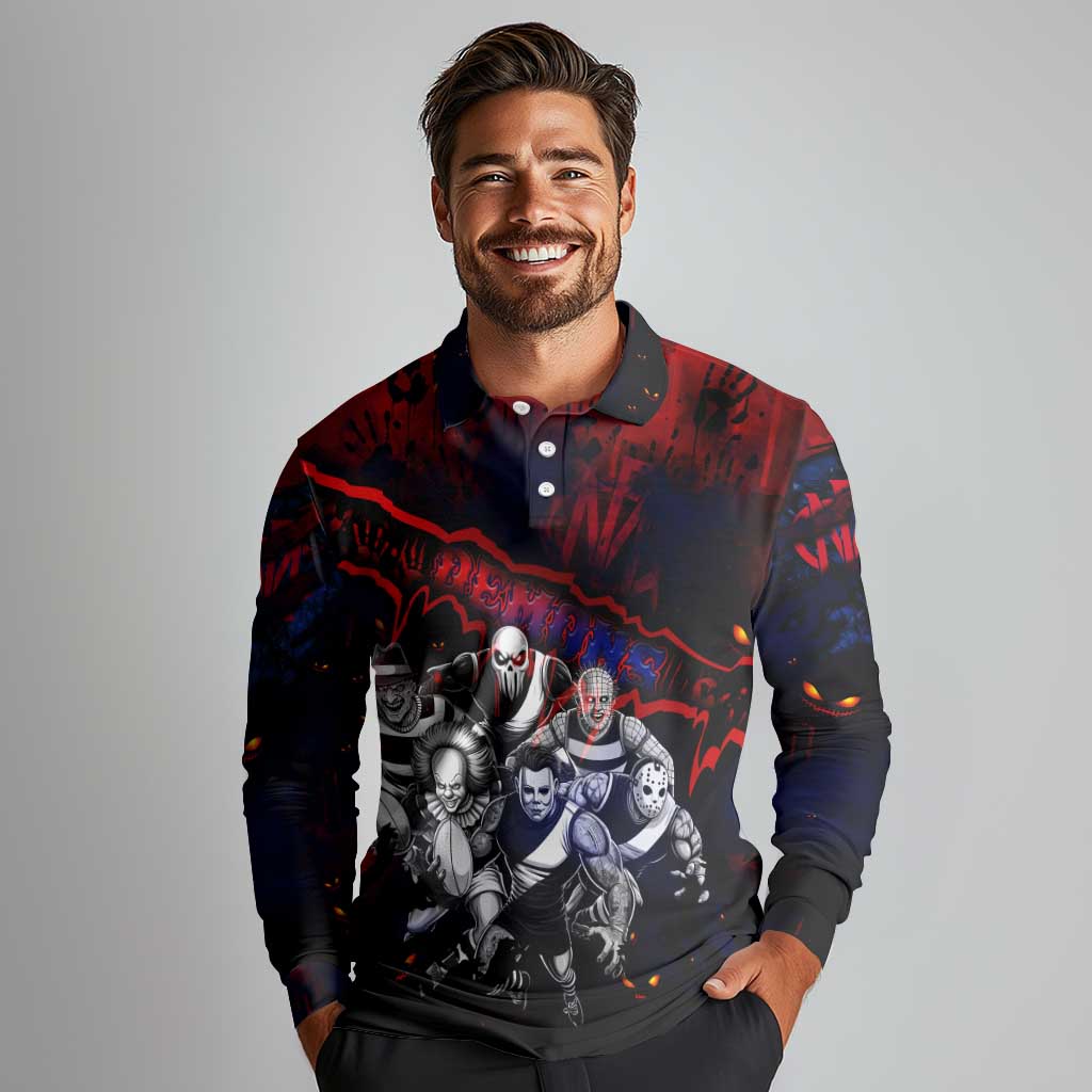 Step Into Horror Domain Demons Football Long Sleeve Polo Shirt Halloween Horror Movie Characters - Aussie Hoodie