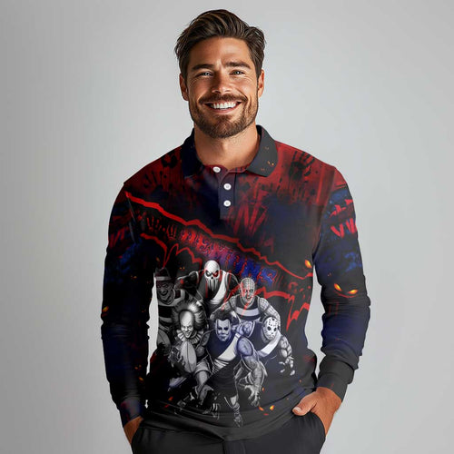 Step Into Horror Domain Demons Football Long Sleeve Polo Shirt Halloween Horror Movie Characters - Aussie Hoodie