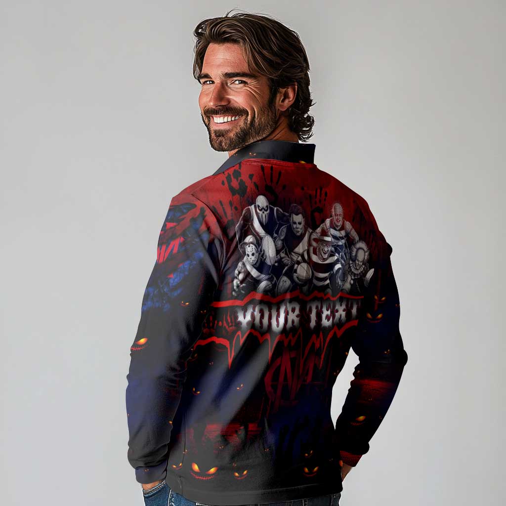 Step Into Horror Domain Demons Football Long Sleeve Polo Shirt Halloween Horror Movie Characters - Aussie Hoodie