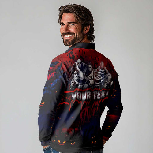 Step Into Horror Domain Demons Football Long Sleeve Polo Shirt Halloween Horror Movie Characters - Aussie Hoodie