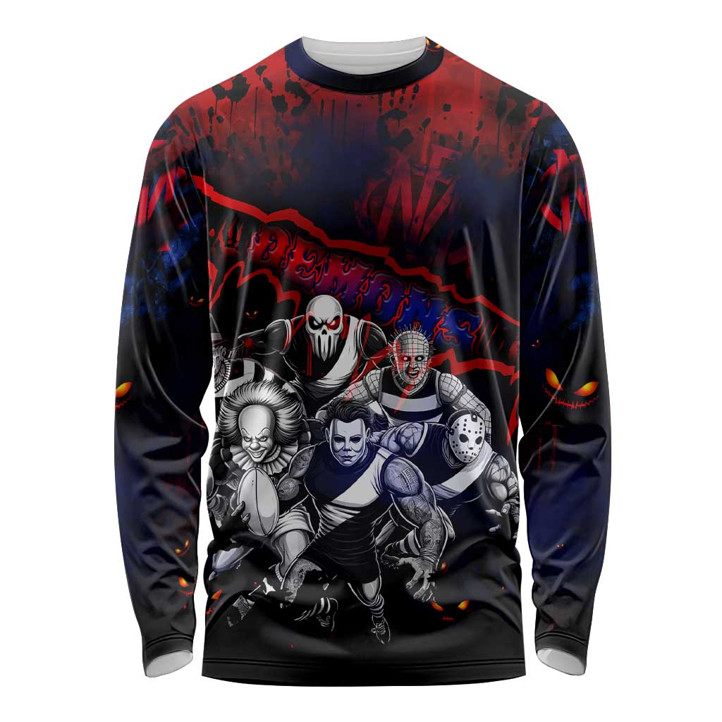 Step Into Horror Domain Demons Football Long Sleeve Shirt Halloween Horror Movie Characters - Aussie Hoodie