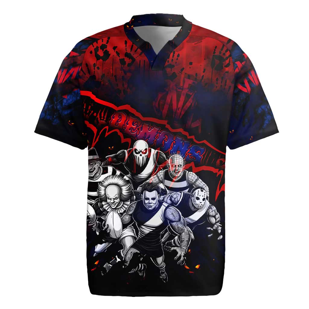 Step Into Horror Domain Demons Football Rugby Jersey Halloween Horror Movie Characters - Aussie Hoodie