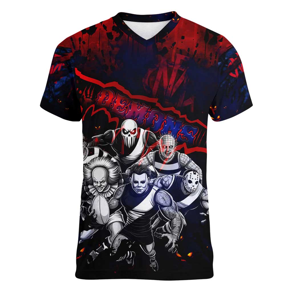 Step Into Horror Domain Demons Football Women V-Neck T-Shirt Halloween Horror Movie Characters - Aussie Hoodie