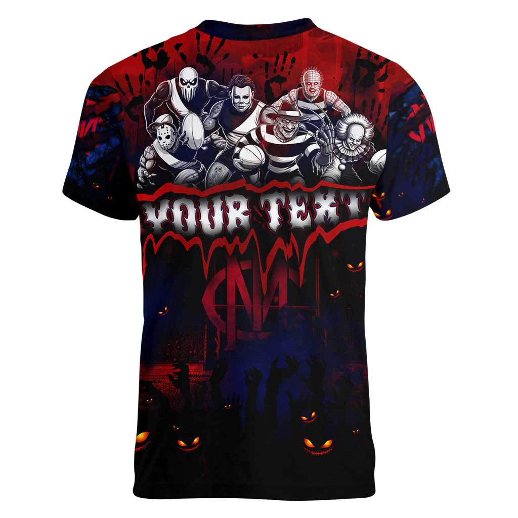 Step Into Horror Domain Demons Football Women V-Neck T-Shirt Halloween Horror Movie Characters - Aussie Hoodie