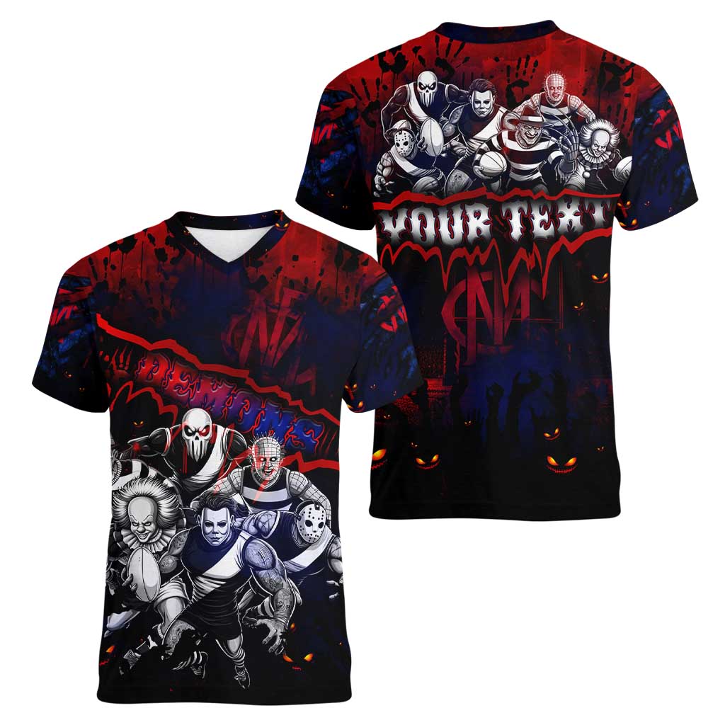 Step Into Horror Domain Demons Football Women V-Neck T-Shirt Halloween Horror Movie Characters - Aussie Hoodie