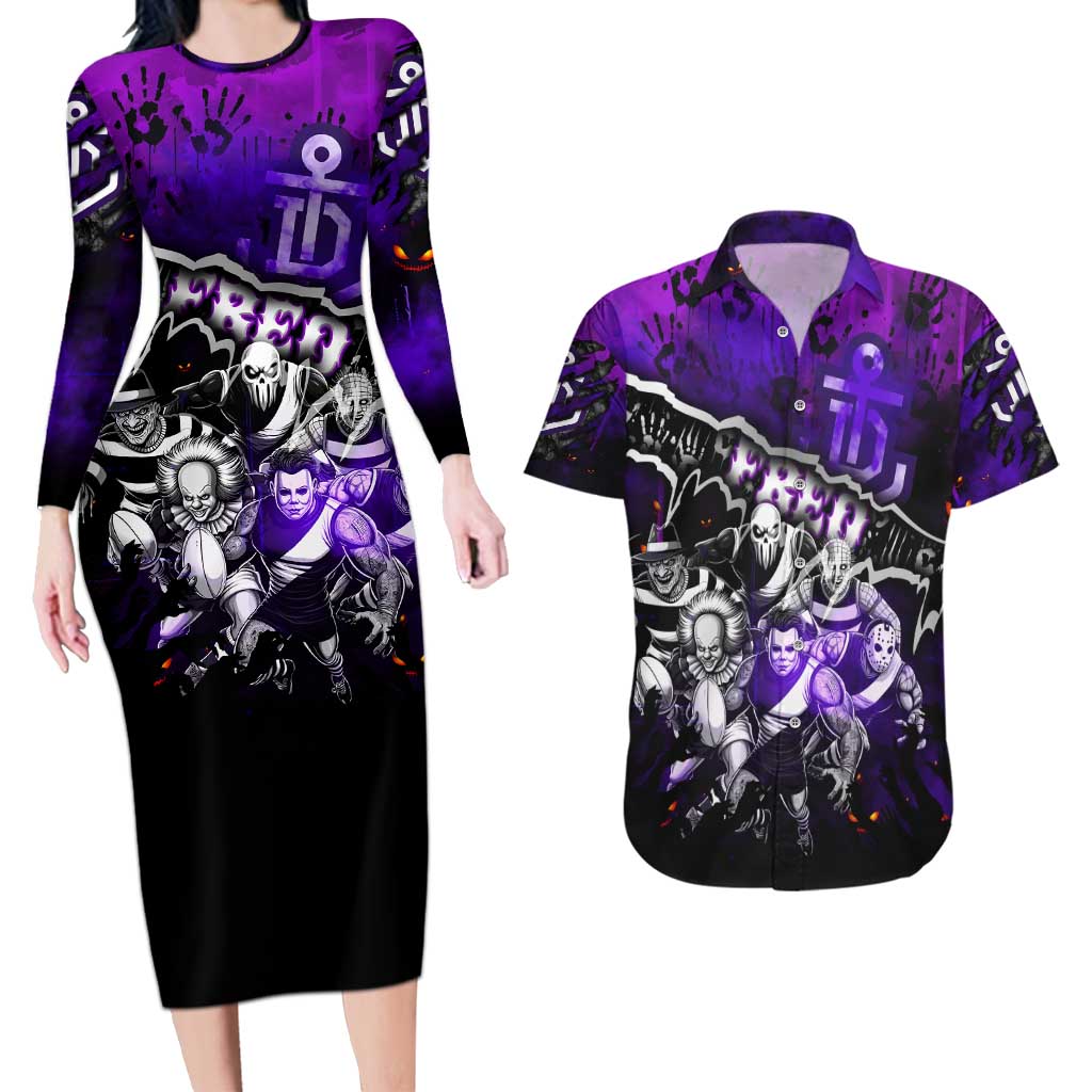Step Into Horror Domain Freo Football Couples Matching Long Sleeve Bodycon Dress and Hawaiian Shirt Halloween Horror Movie Characters - Aussie Hoodie