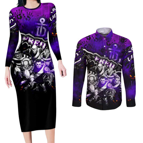 Step Into Horror Domain Freo Football Couples Matching Long Sleeve Bodycon Dress and Long Sleeve Button Shirt Halloween Horror Movie Characters - Aussie Hoodie