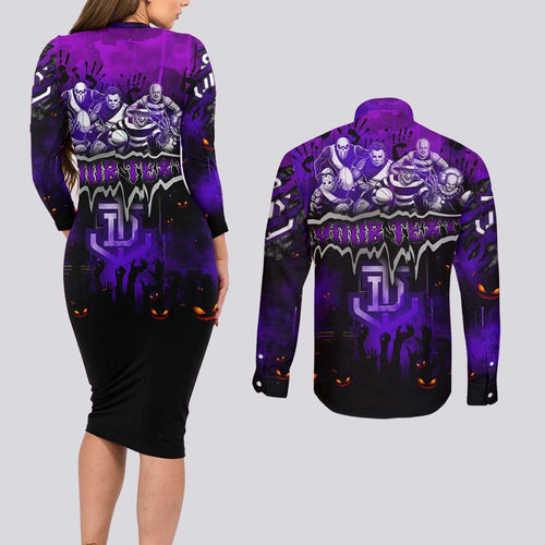 Step Into Horror Domain Freo Football Couples Matching Long Sleeve Bodycon Dress and Long Sleeve Button Shirt Halloween Horror Movie Characters - Aussie Hoodie