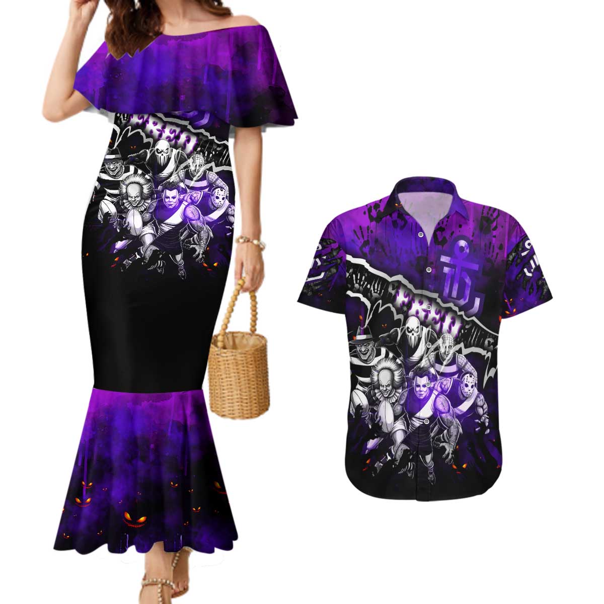Step Into Horror Domain Freo Football Couples Matching Mermaid Dress and Hawaiian Shirt Halloween Horror Movie Characters - Aussie Hoodie