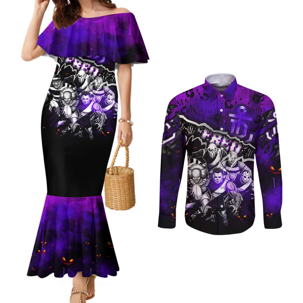 Step Into Horror Domain Freo Football Couples Matching Mermaid Dress and Long Sleeve Button Shirt Halloween Horror Movie Characters - Aussie Hoodie