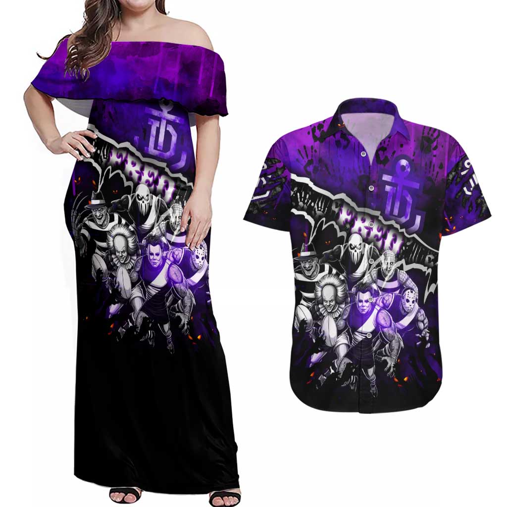 Step Into Horror Domain Freo Football Couples Matching Off Shoulder Maxi Dress and Hawaiian Shirt Halloween Horror Movie Characters - Aussie Hoodie