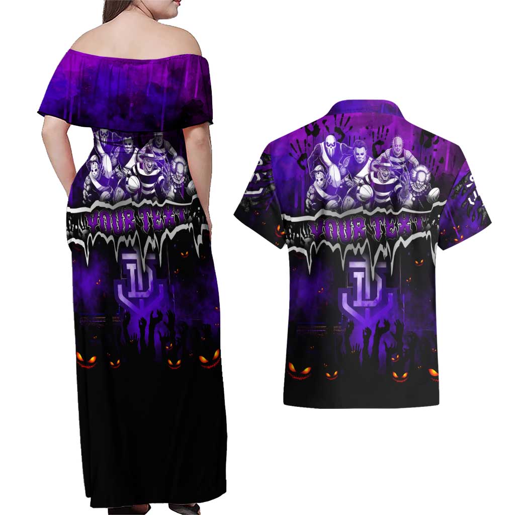 Step Into Horror Domain Freo Football Couples Matching Off Shoulder Maxi Dress and Hawaiian Shirt Halloween Horror Movie Characters - Aussie Hoodie