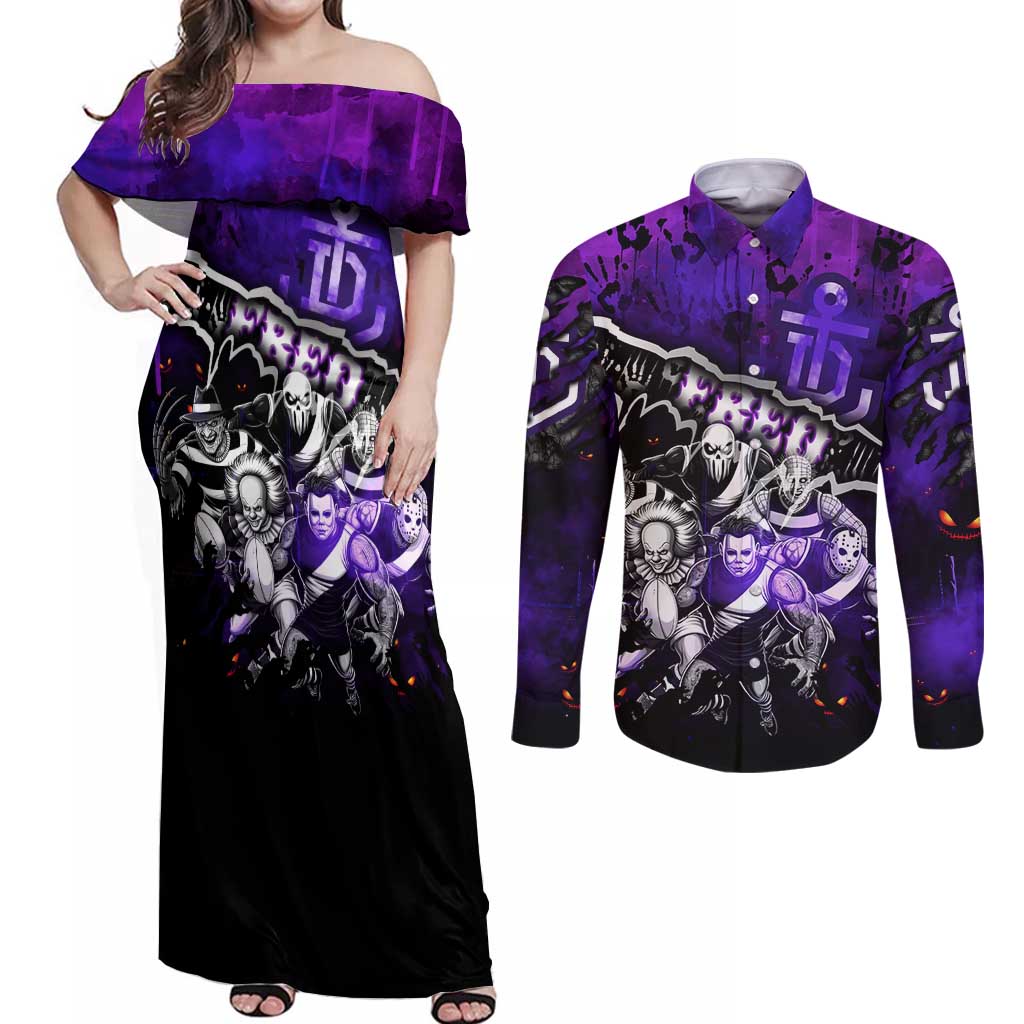 Step Into Horror Domain Freo Football Couples Matching Off Shoulder Maxi Dress and Long Sleeve Button Shirt Halloween Horror Movie Characters - Aussie Hoodie