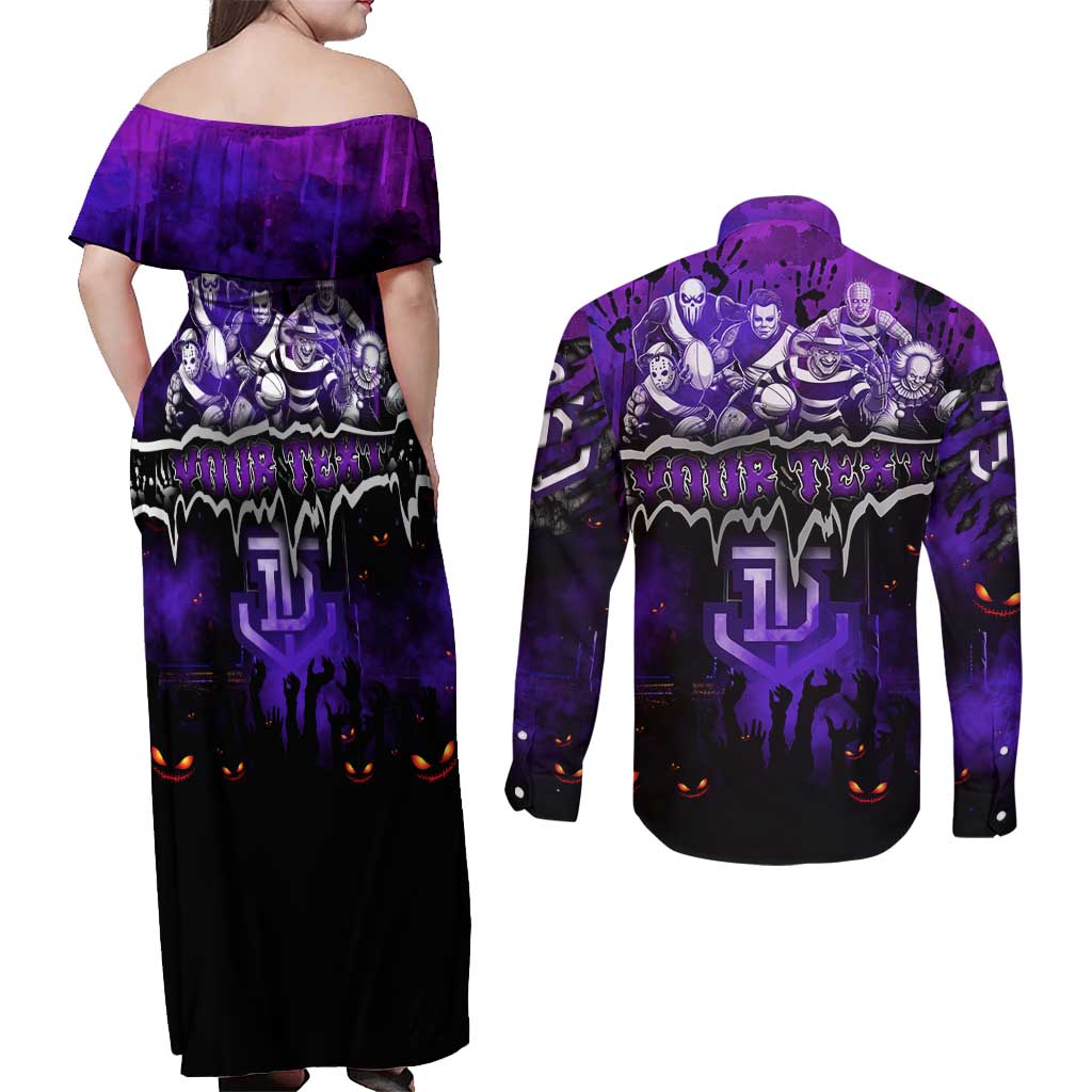 Step Into Horror Domain Freo Football Couples Matching Off Shoulder Maxi Dress and Long Sleeve Button Shirt Halloween Horror Movie Characters - Aussie Hoodie