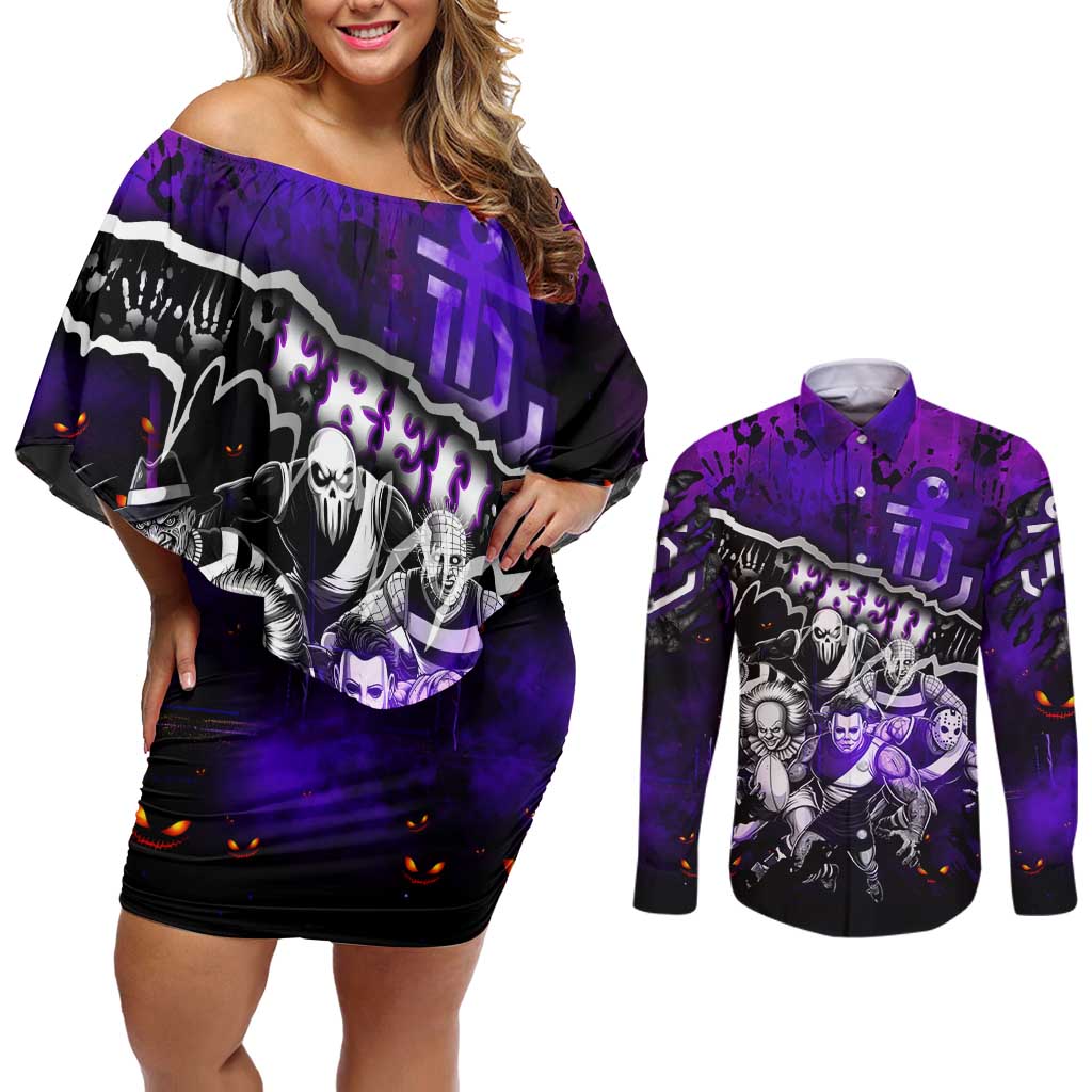 Step Into Horror Domain Freo Football Couples Matching Off Shoulder Short Dress and Long Sleeve Button Shirt Halloween Horror Movie Characters - Aussie Hoodie