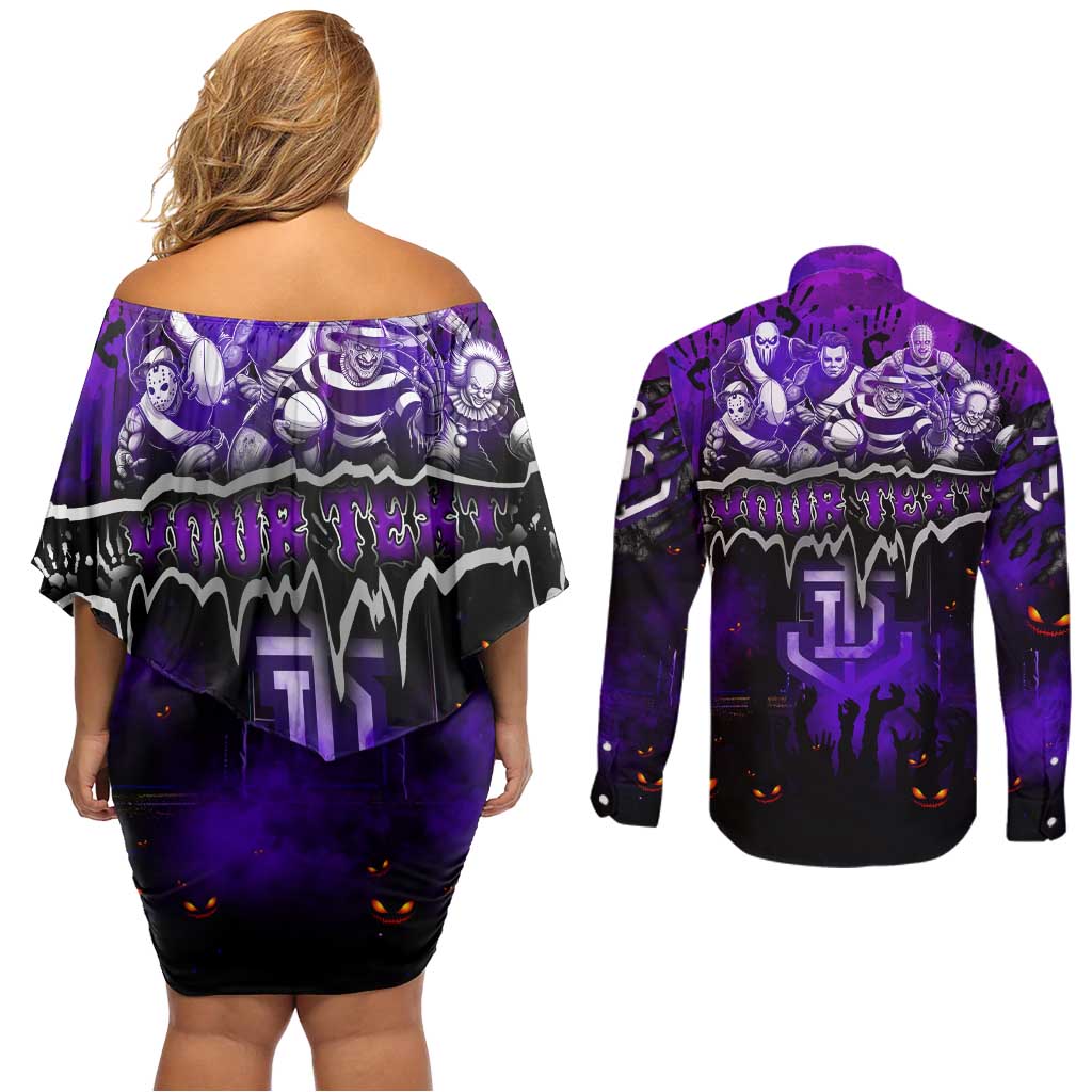Step Into Horror Domain Freo Football Couples Matching Off Shoulder Short Dress and Long Sleeve Button Shirt Halloween Horror Movie Characters - Aussie Hoodie