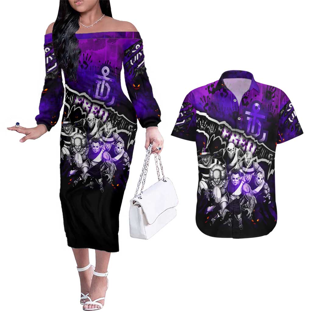 Step Into Horror Domain Freo Football Couples Matching Off The Shoulder Long Sleeve Dress and Hawaiian Shirt Halloween Horror Movie Characters - Aussie Hoodie