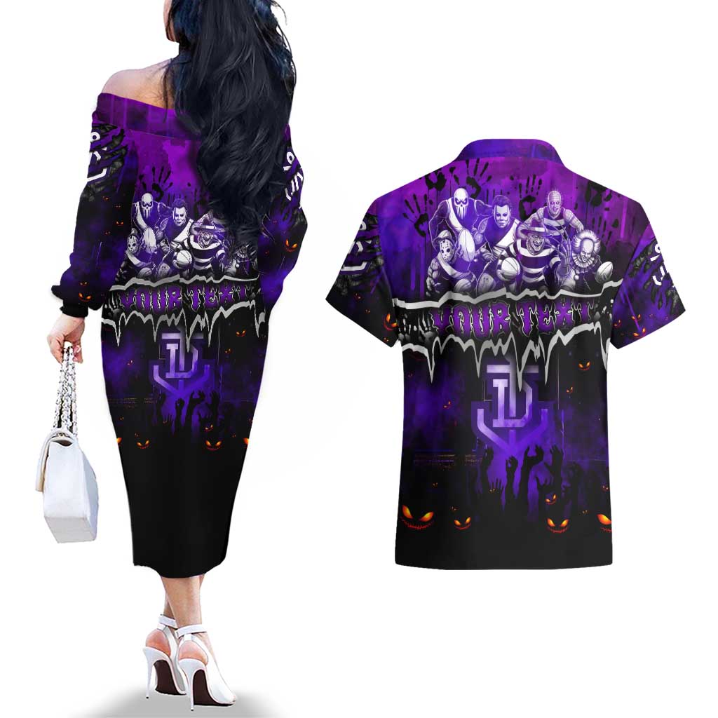 Step Into Horror Domain Freo Football Couples Matching Off The Shoulder Long Sleeve Dress and Hawaiian Shirt Halloween Horror Movie Characters - Aussie Hoodie