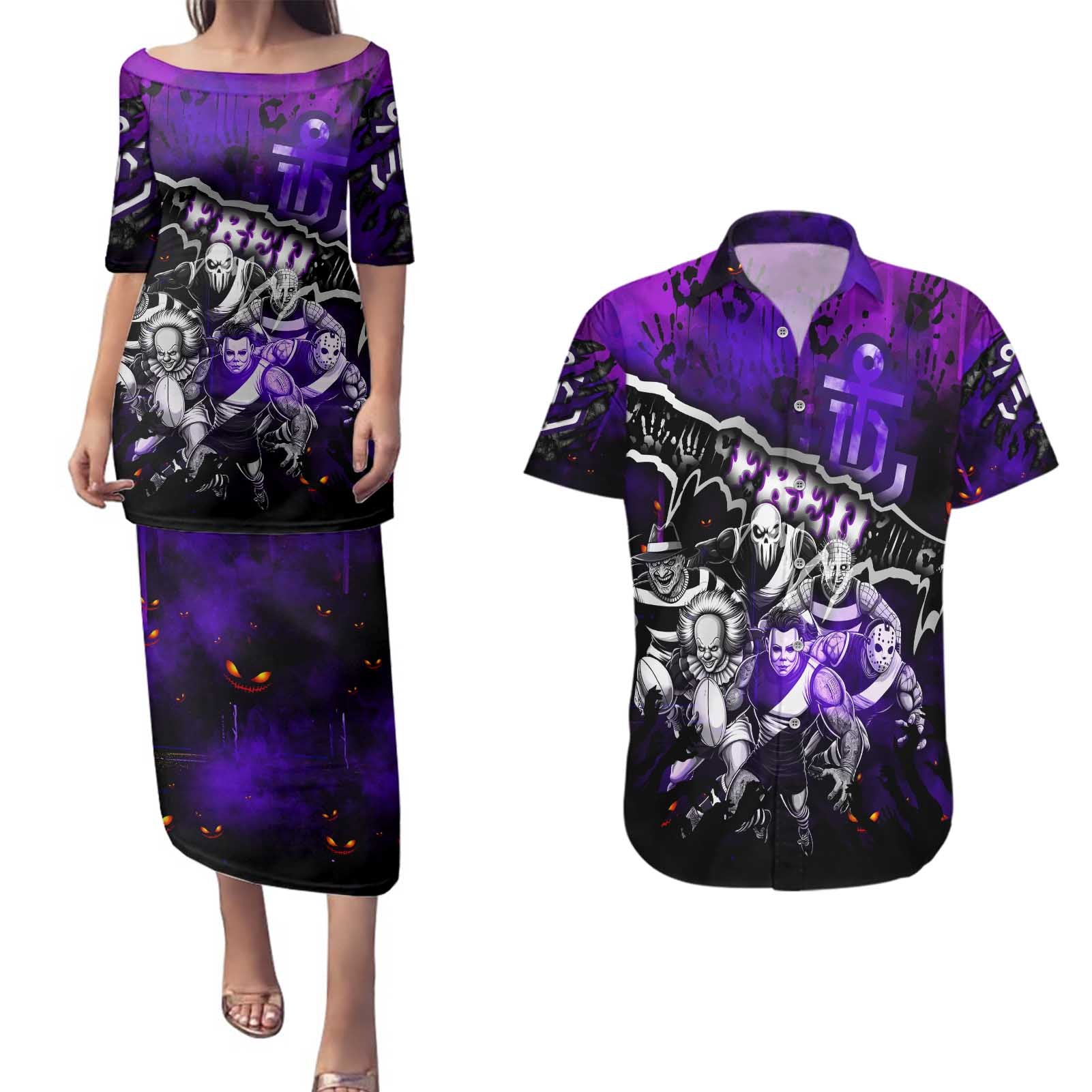 Step Into Horror Domain Freo Football Couples Matching Puletasi and Hawaiian Shirt Halloween Horror Movie Characters - Aussie Hoodie
