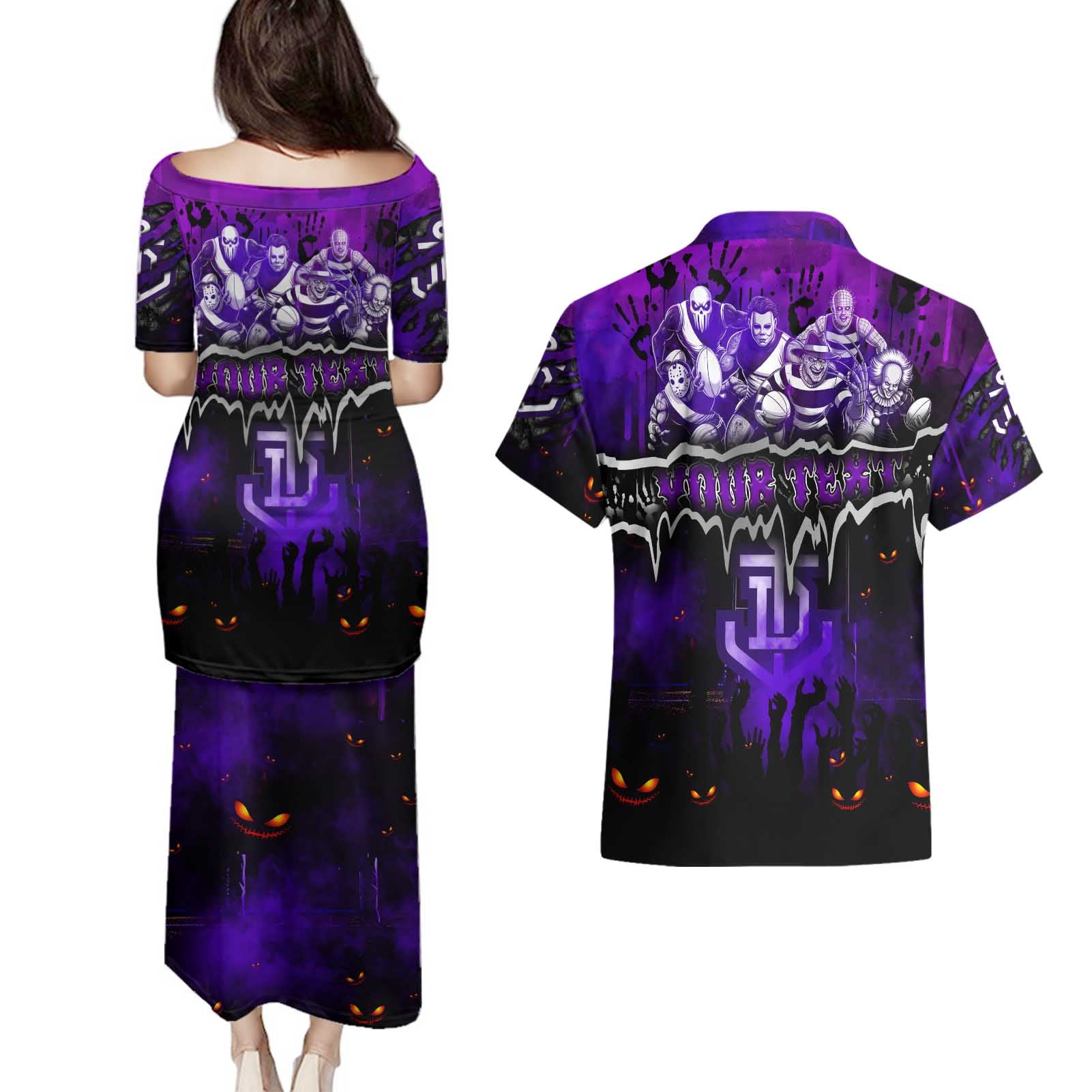 Step Into Horror Domain Freo Football Couples Matching Puletasi and Hawaiian Shirt Halloween Horror Movie Characters - Aussie Hoodie