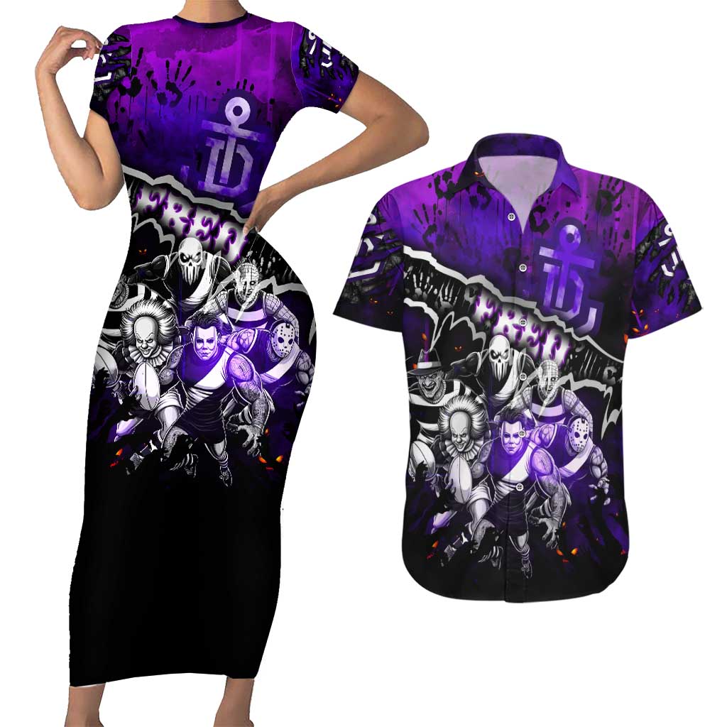 Step Into Horror Domain Freo Football Couples Matching Short Sleeve Bodycon Dress and Hawaiian Shirt Halloween Horror Movie Characters - Aussie Hoodie