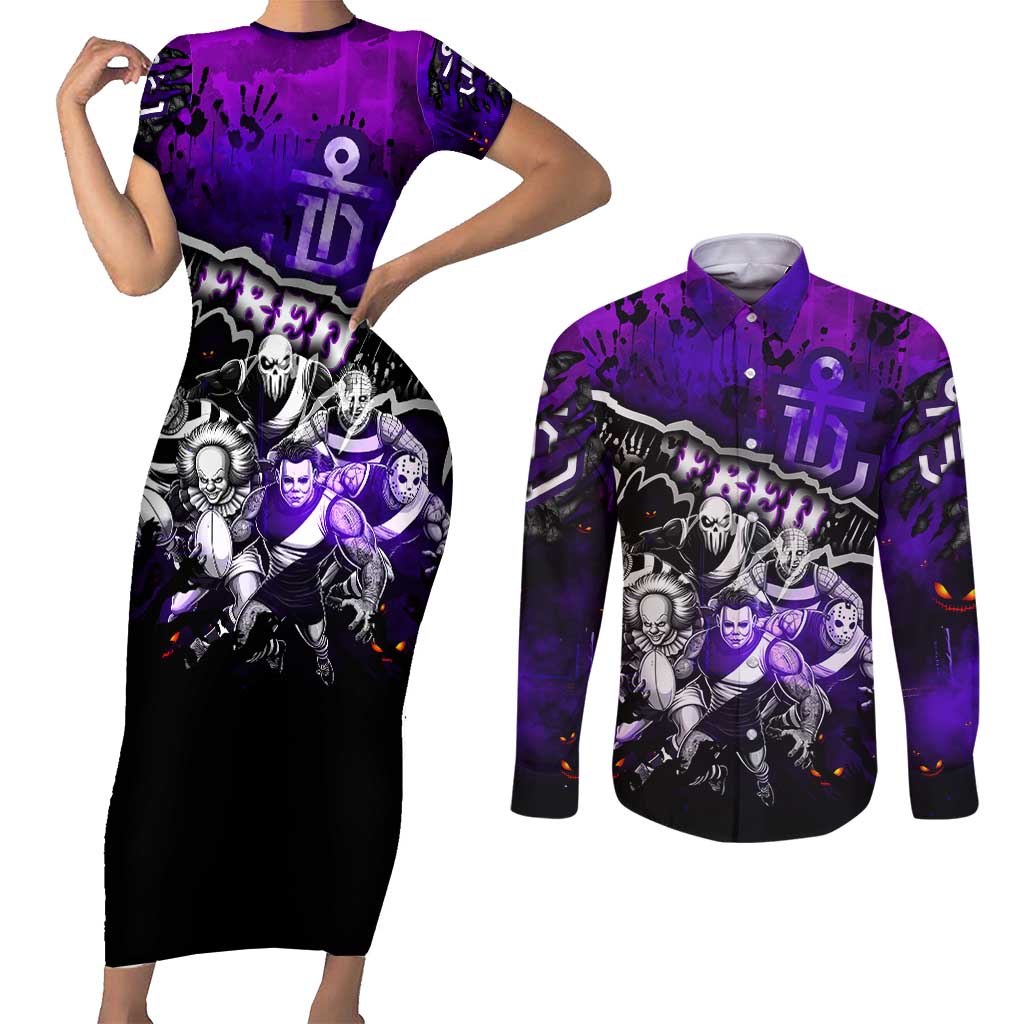 Step Into Horror Domain Freo Football Couples Matching Short Sleeve Bodycon Dress and Long Sleeve Button Shirt Halloween Horror Movie Characters - Aussie Hoodie