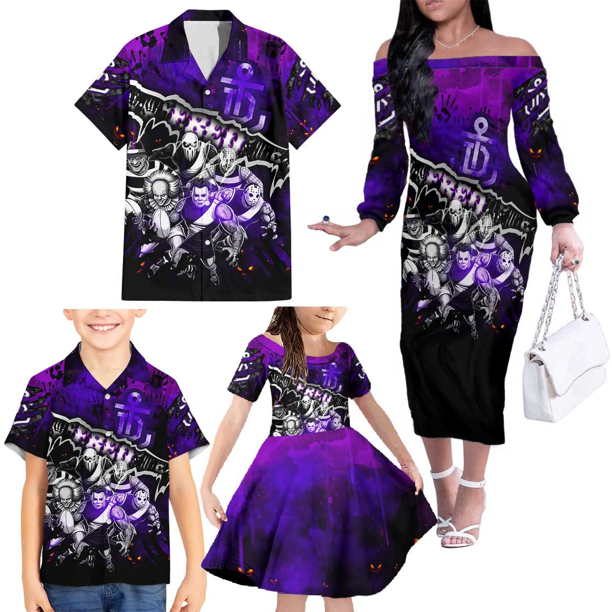 Step Into Horror Domain Freo Football Family Matching Off The Shoulder Long Sleeve Dress and Hawaiian Shirt Halloween Horror Movie Characters - Aussie Hoodie