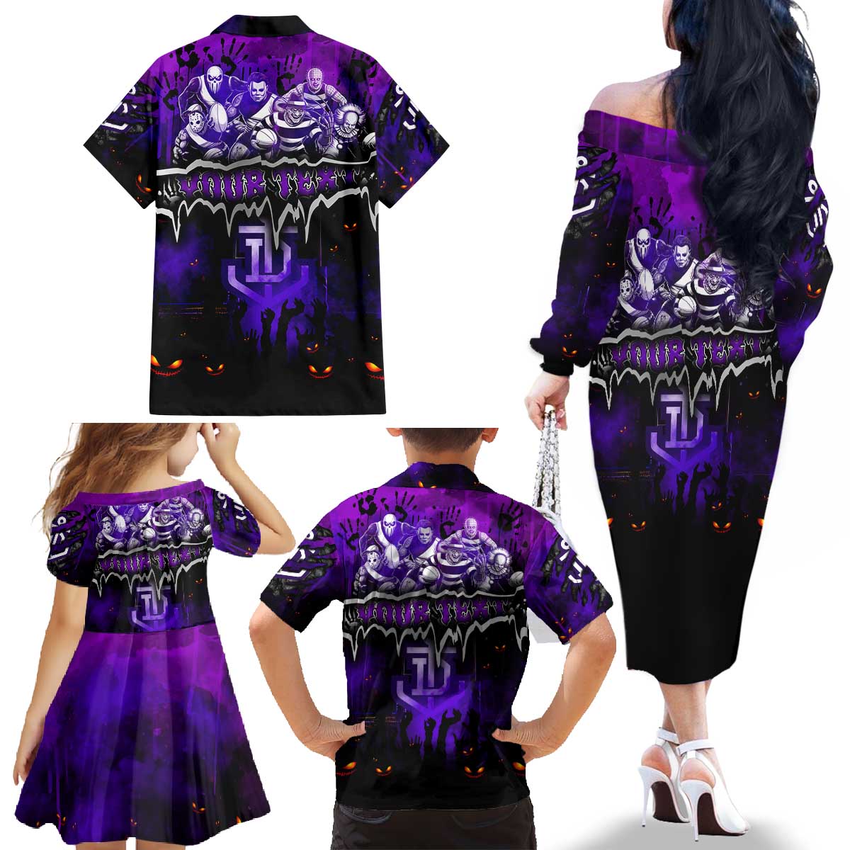 Step Into Horror Domain Freo Football Family Matching Off The Shoulder Long Sleeve Dress and Hawaiian Shirt Halloween Horror Movie Characters - Aussie Hoodie