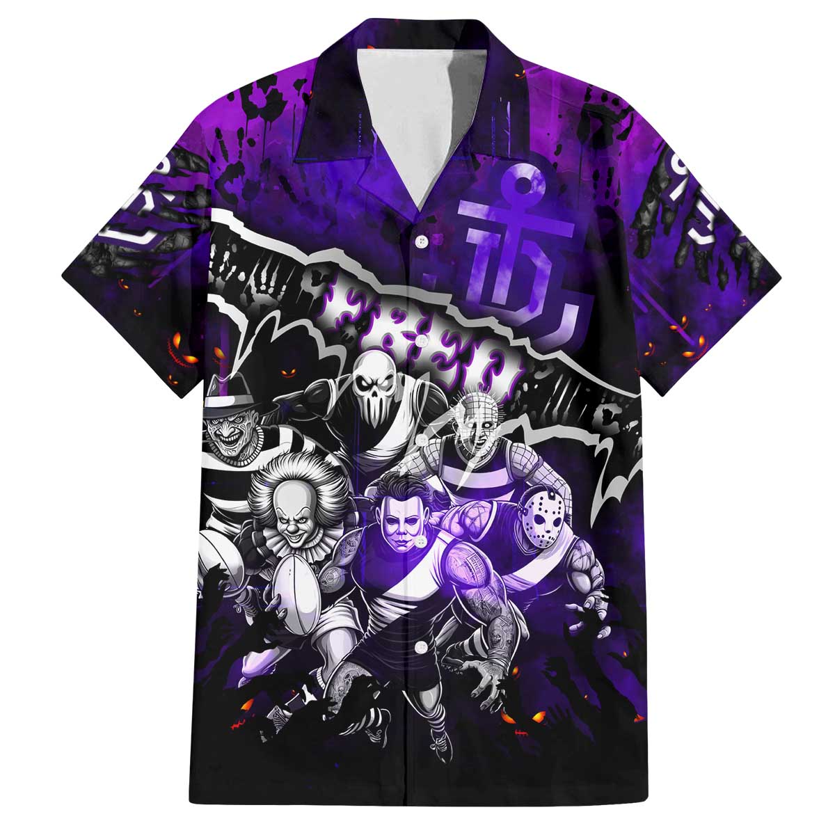 Step Into Horror Domain Freo Football Family Matching Off The Shoulder Long Sleeve Dress and Hawaiian Shirt Halloween Horror Movie Characters - Aussie Hoodie