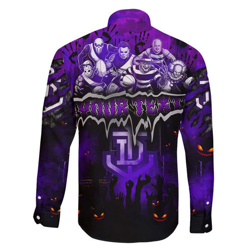 Step Into Horror Domain Freo Football Family Matching Off The Shoulder Long Sleeve Dress and Hawaiian Shirt Halloween Horror Movie Characters - Aussie Hoodie