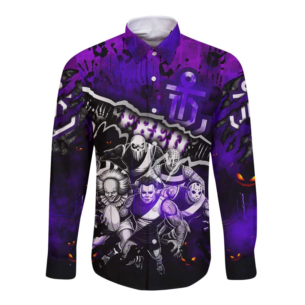 Step Into Horror Domain Freo Football Long Sleeve Button Shirt Halloween Horror Movie Characters - Aussie Hoodie