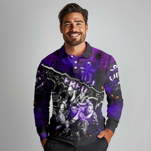 Step Into Horror Domain Freo Football Long Sleeve Polo Shirt Halloween Horror Movie Characters - Aussie Hoodie
